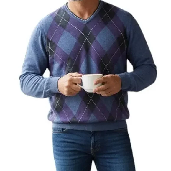 Black Brown 1826 Made in Italy 100% Merino Wool Argyle V-Neck Sweater Men XL - Picture 1 of 12